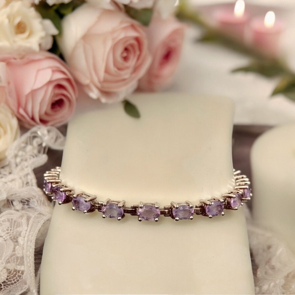 Amethyst Sterling Silver and Gold Vintage Bracelet 7 1/2”
